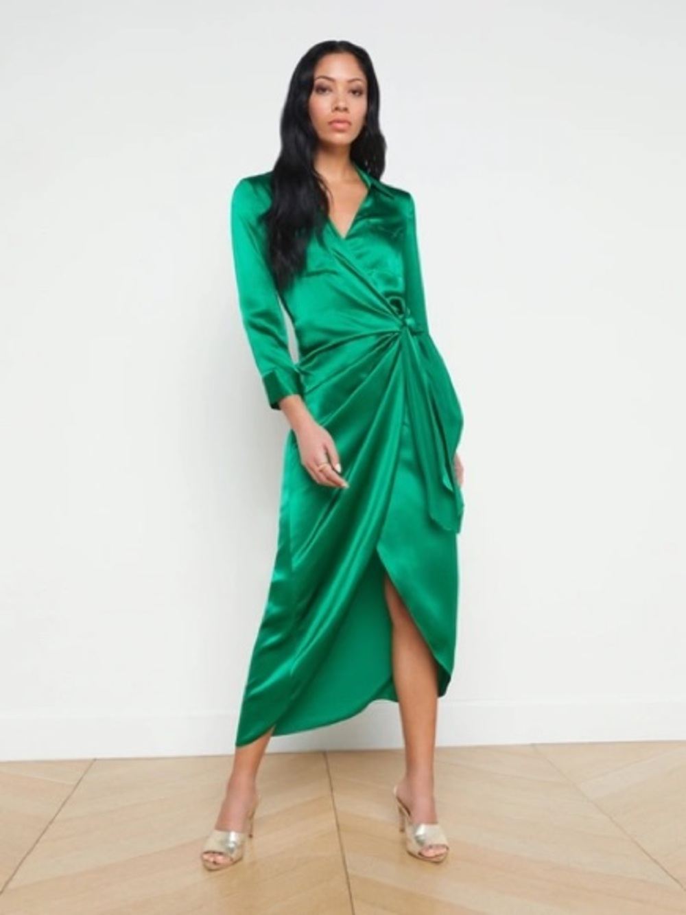 Emerald Satin Wrap Midi Dress
